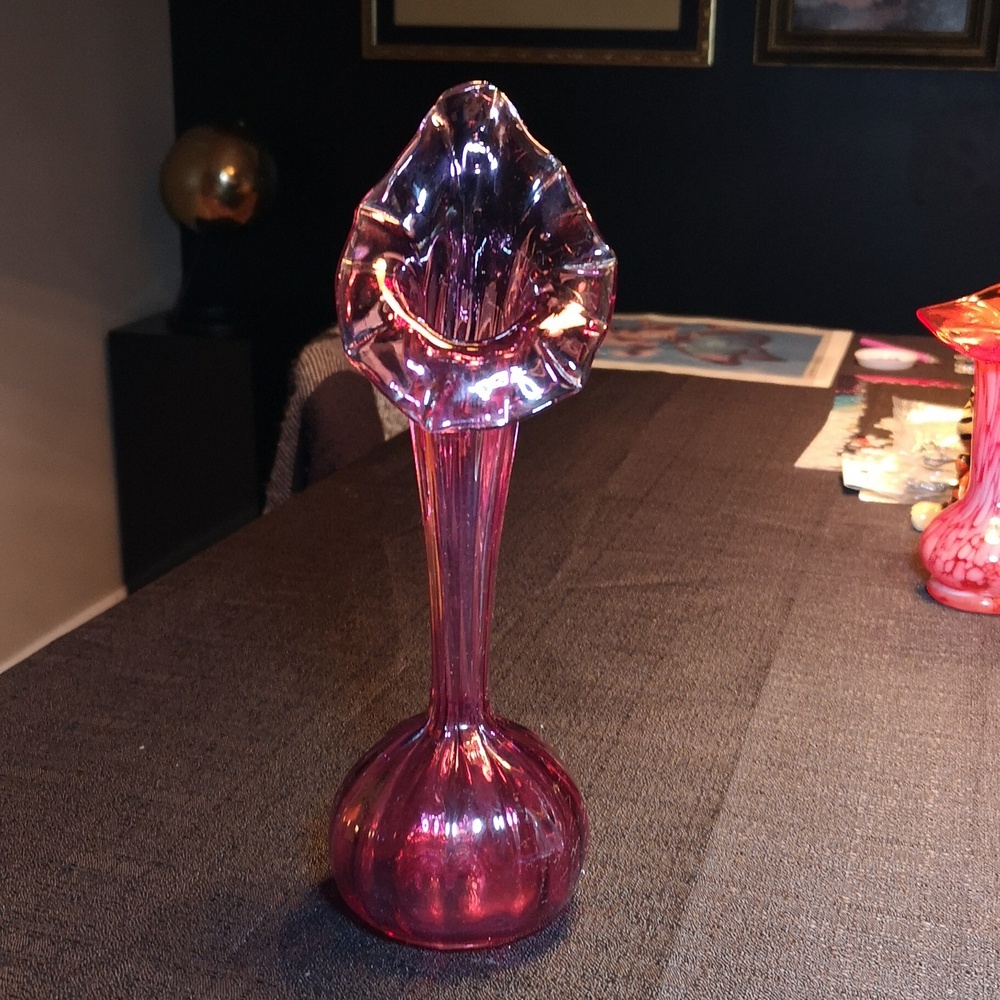 Unique Vintage Cranberry Glass Jack in the Pulpit Vase with Melon Shaped Bottom